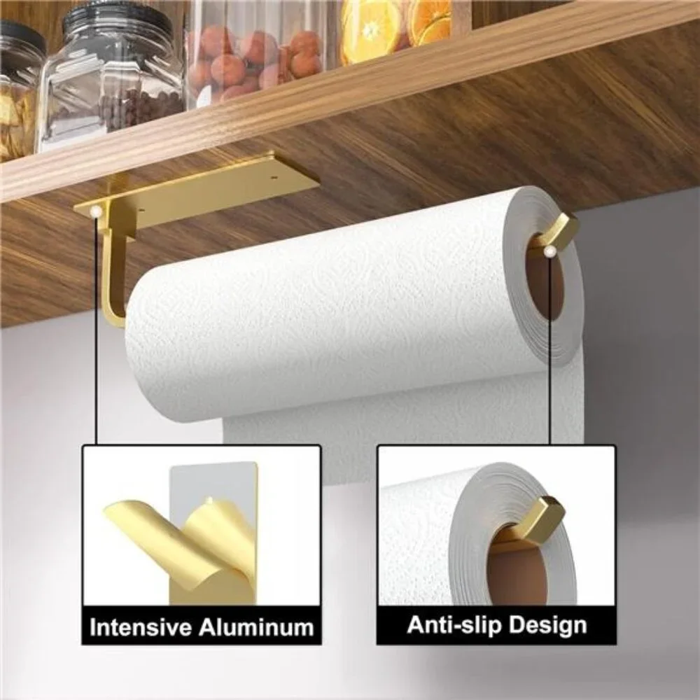 Paper Towel Holder - Self-Adhesive or Drilling, Gold, Upgraded Aluminum Kitchen